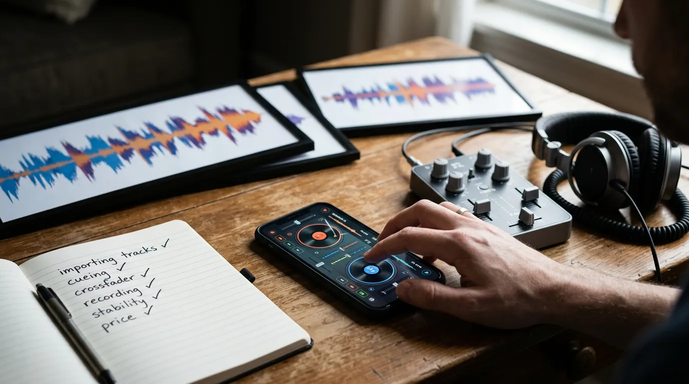 Pessoa testando um aplicativo de DJ no celular com fones, controlador de áudio e checklist de recursos antes de pagar