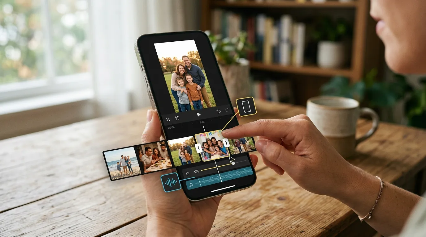 Pessoa organizando fotos em uma linha do tempo no celular, ajustando a duração das imagens, adicionando música e conferindo a prévia vertical