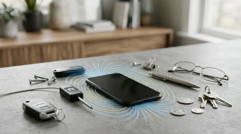 Celular ao lado de objetos metálicos com linhas sutis representando um campo magnético