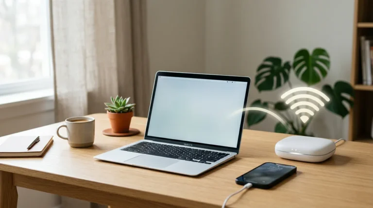 Smartphone, computador e roteador conectados por um símbolo de sinal Wi-Fi em um ambiente doméstico