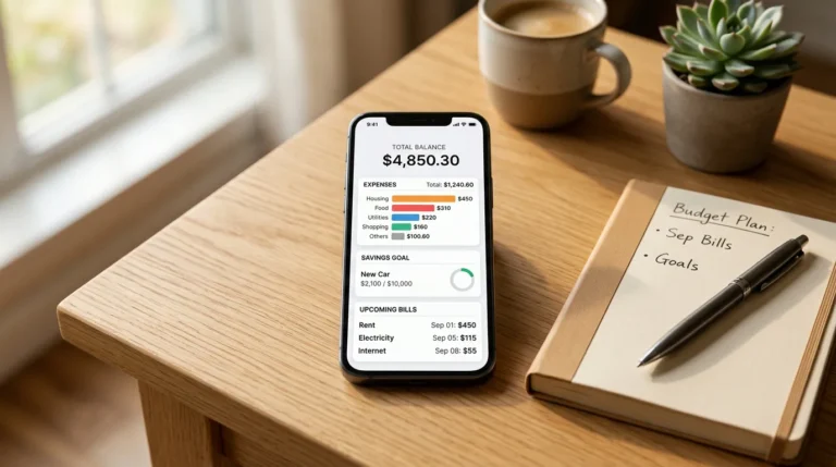 Aplicativo de finanças pessoais exibindo saldo, categorias de despesas, meta de economia e contas próximas em um smartphone
