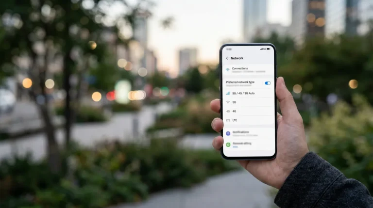 Celular exibindo uma opção de preferência de rede 5G em um ambiente urbano com sinal de telefonia móvel ao fundo
