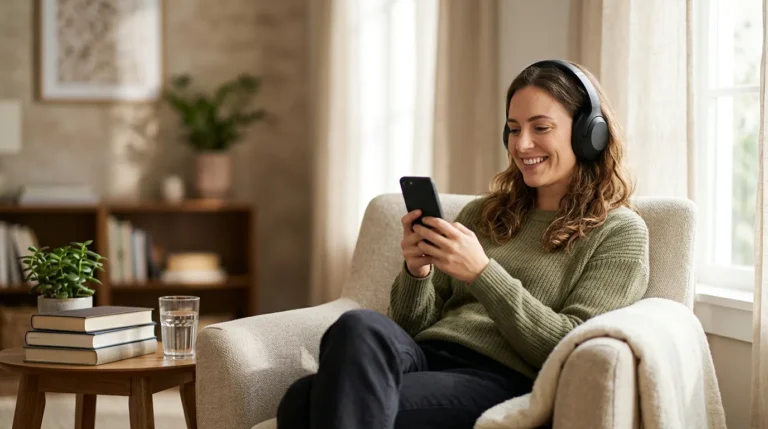 Pessoa ouvindo um audiolivro pelo celular em uma poltrona, usando fones de ouvido e cercada por alguns livros