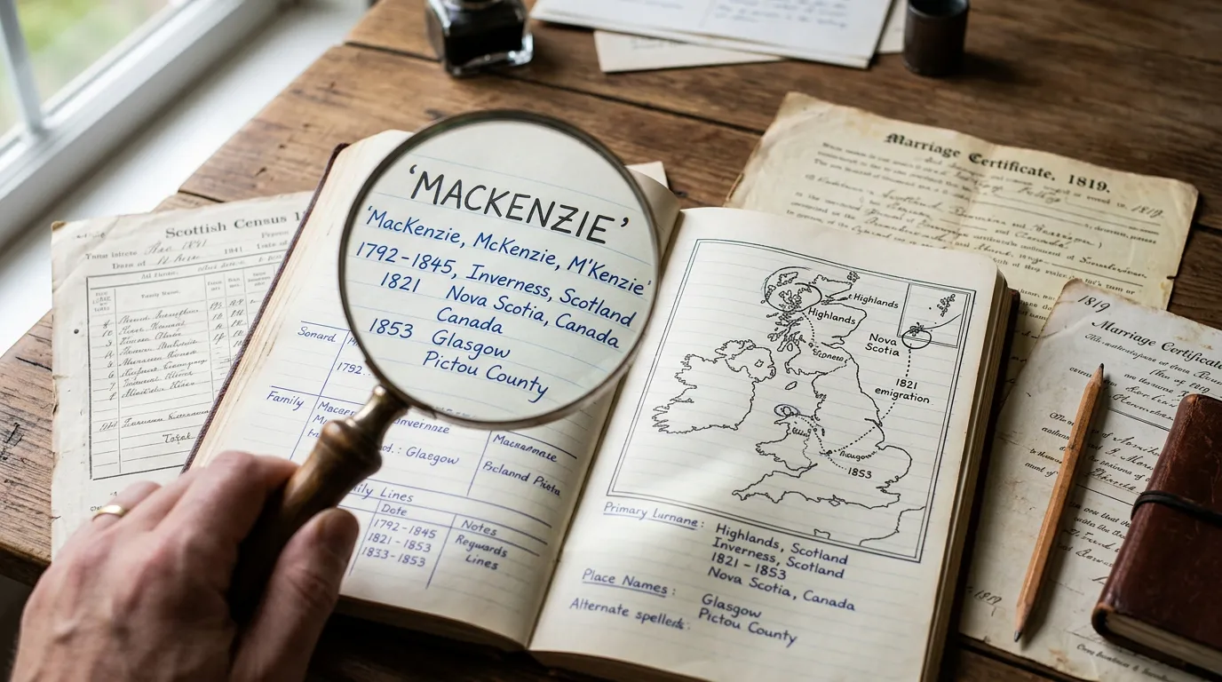 Caderno de pesquisa familiar com variações de sobrenome, datas, localidades, documentos antigos e um mapa usado para comparar pistas de ancestralidade