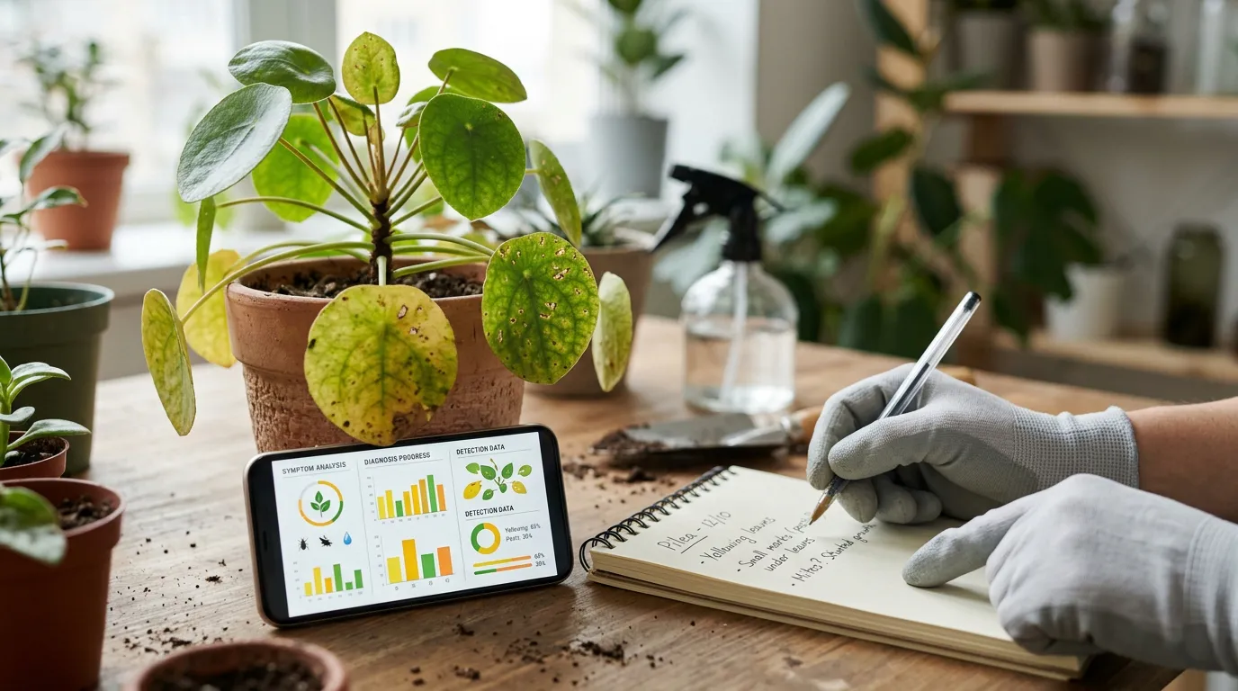 Planta em vaso com folhas amareladas e sinais de pragas ao lado de um celular com análise de sintomas e anotações de observação