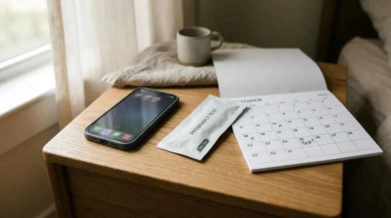 Celular ao lado de um teste de gravidez lacrado e um calendário sobre uma mesa