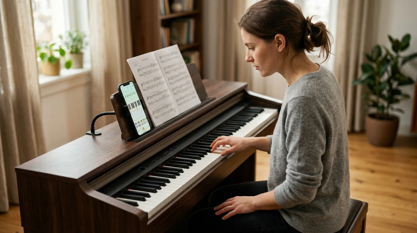 Pessoa iniciante praticando piano digital com um celular no suporte, repetindo lentamente um trecho curto enquanto consulta a aula