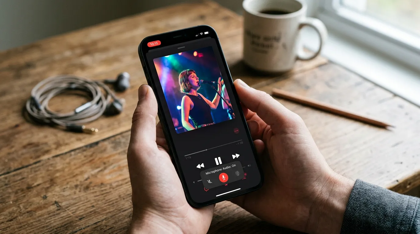 Celular exibindo um aplicativo de música enquanto a gravação de tela nativa captura um trecho vertical com áudio