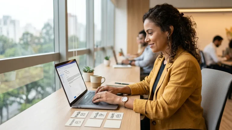 Pessoa usando um aplicativo de IA para escrever e revisar e-mails em um laptop