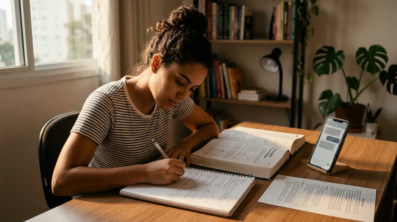 Estudante usando um celular com assistente de IA ao lado de livro e anotações, tentando resolver um exercício e consultando pistas para corrigir seus erros