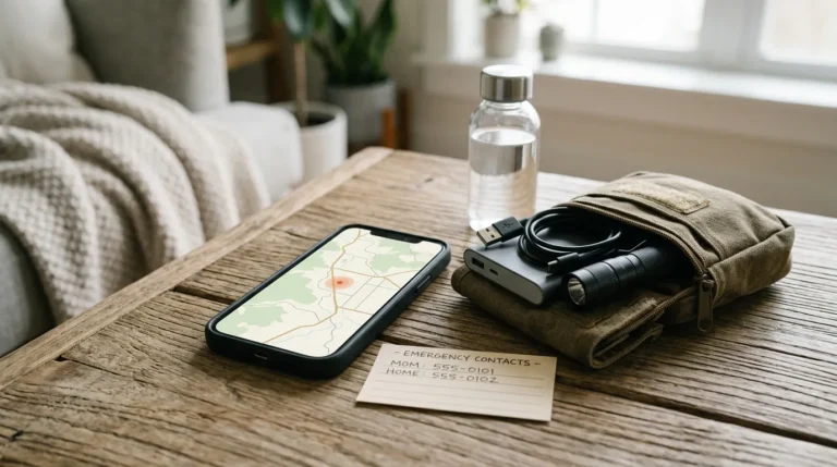 Celular com mapa de alerta sísmico ao lado de lanterna, carregador portátil, água e cartão de contatos de emergência