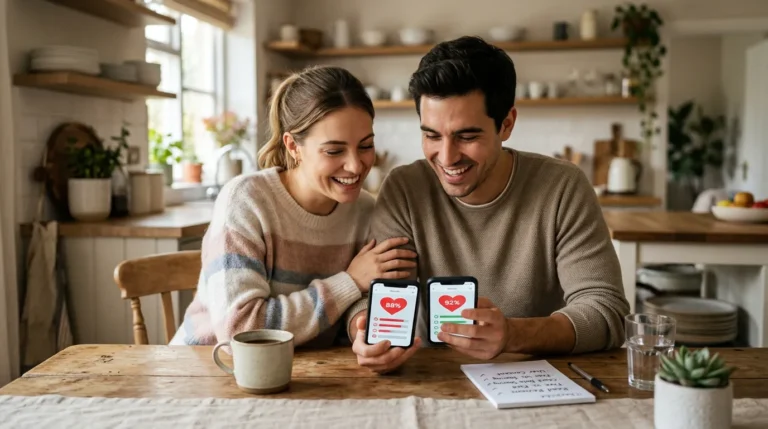 Casal comparando aplicativos de calculadora do amor em dois smartphones