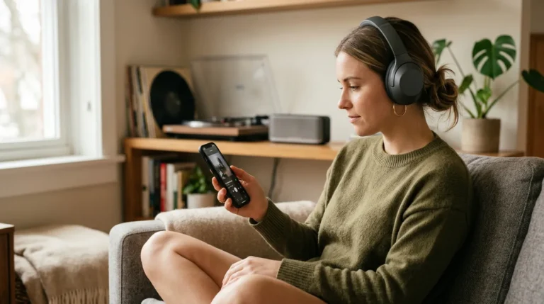 Pessoa escolhendo músicas no celular enquanto usa fones de ouvido em casa