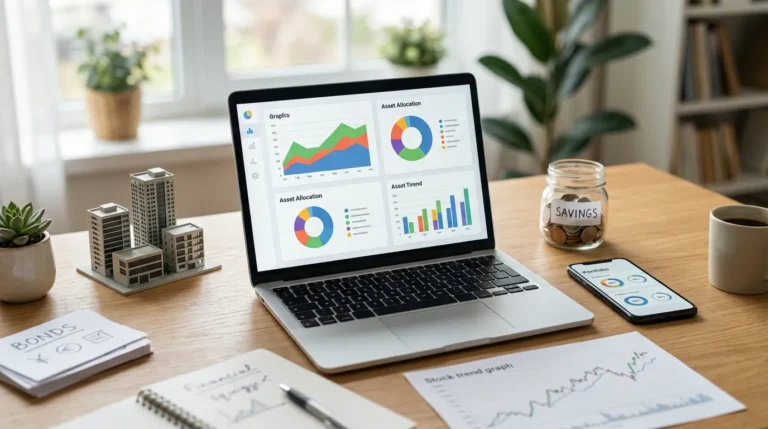 Dispositivos exibindo uma visão geral de carteira de investimentos com diferentes tipos de ativos representados ao redor