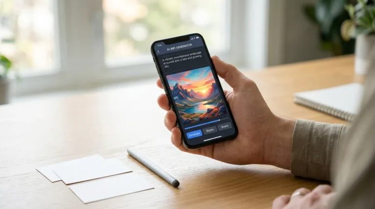 Celular exibindo um aplicativo de IA gerando uma paisagem colorida a partir de uma descrição textual