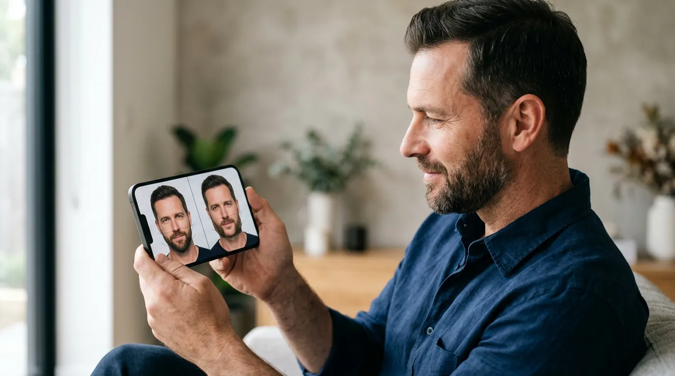 Homem comparando no celular duas simulações de barba, uma bem alinhada ao rosto e outra com bordas artificiais
