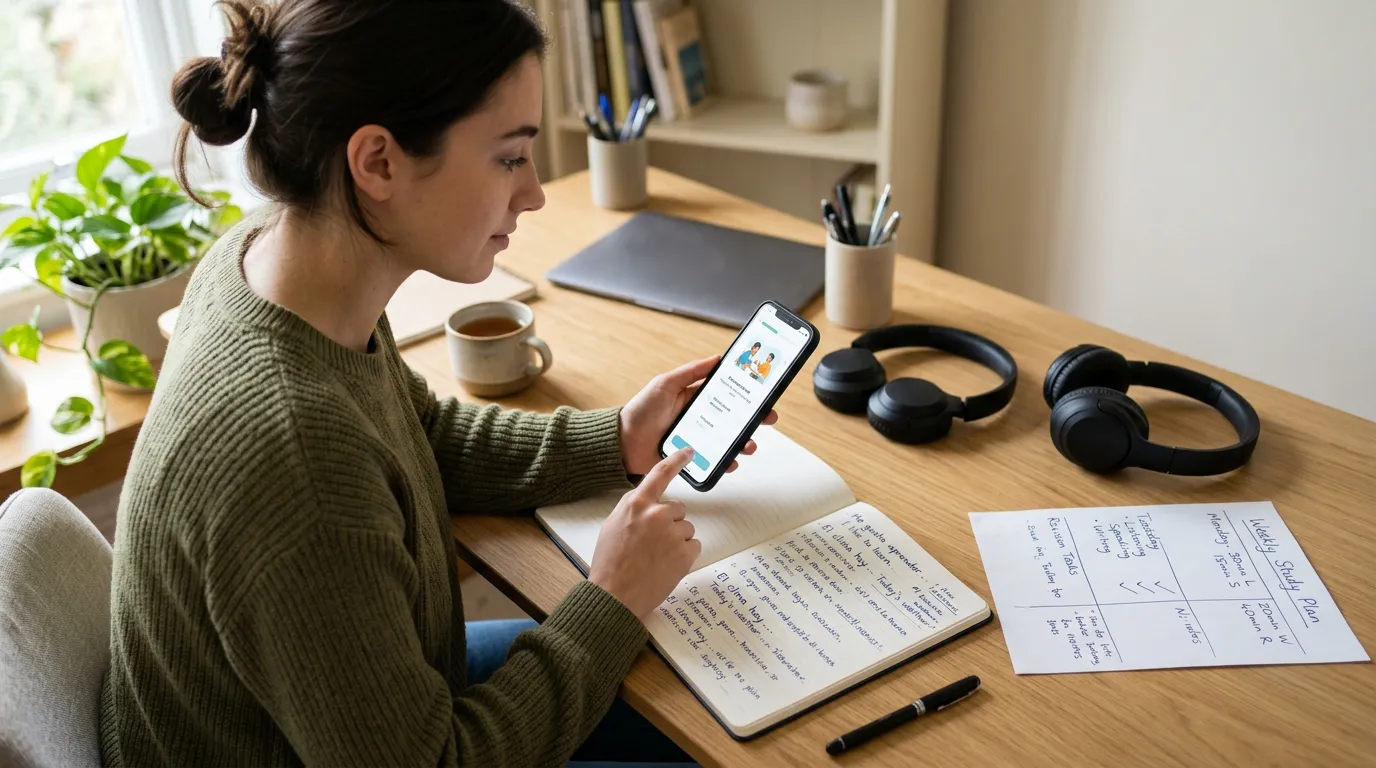 Estudante usando um aplicativo de idiomas no celular enquanto escreve frases novas, revisa erros e acompanha tarefas de escuta e produção