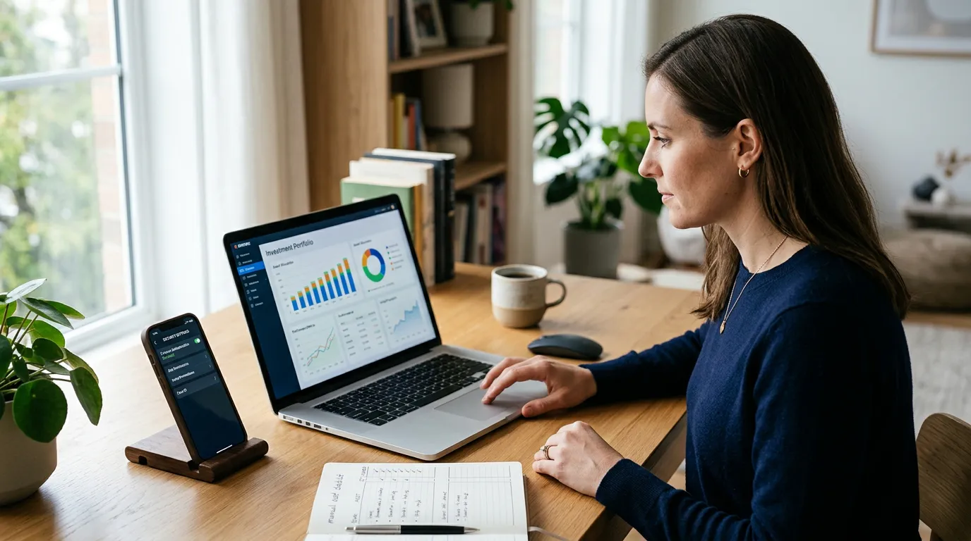 Pessoa conferindo configurações de segurança e dados de uma carteira de investimentos enquanto revisa uma lista manual de ativos