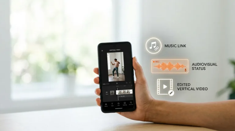Celular exibindo opções para compartilhar uma música no status do WhatsApp por link, vídeo com áudio ou vídeo editado
