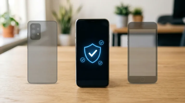 Celular ao lado de símbolos de proteção digital representando a escolha de um aplicativo antivírus compatível com o sistema