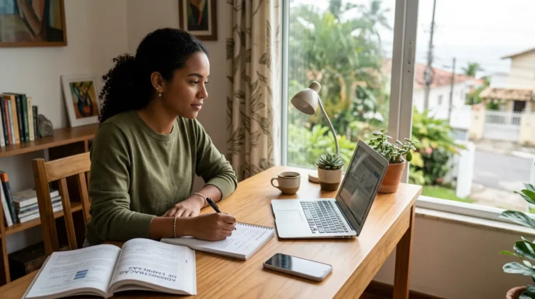 Estudante organizando uma sessão de estudos com livro, caderno, celular e computador em uma mesa