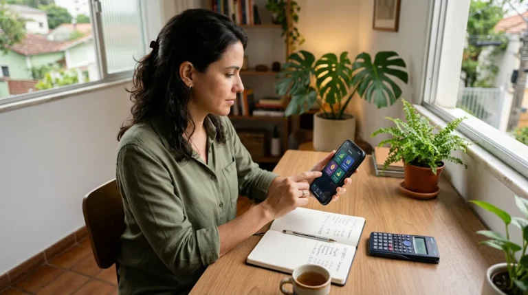 Pessoa comparando aplicativos financeiros no celular com anotações de categorias de gastos e uma calculadora