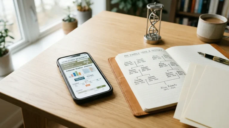 Celular com interface genérica de pesquisa de sobrenome ao lado de um caderno de árvore genealógica, documentos e símbolo de DNA