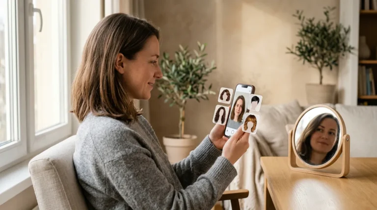 Pessoa usando o celular para visualizar uma possível mudança de corte e cor de cabelo