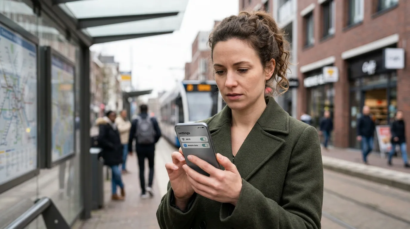 Pessoa verificando as configurações de rede de um celular enquanto testa o sinal em diferentes locais para identificar por que o 5G não aparece